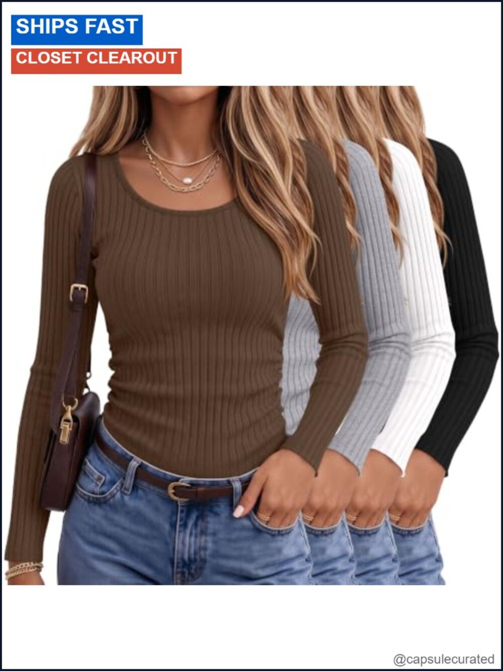 4 Pack Women's Ribbed Long Sleeve Slim Fitted Ruched Tops